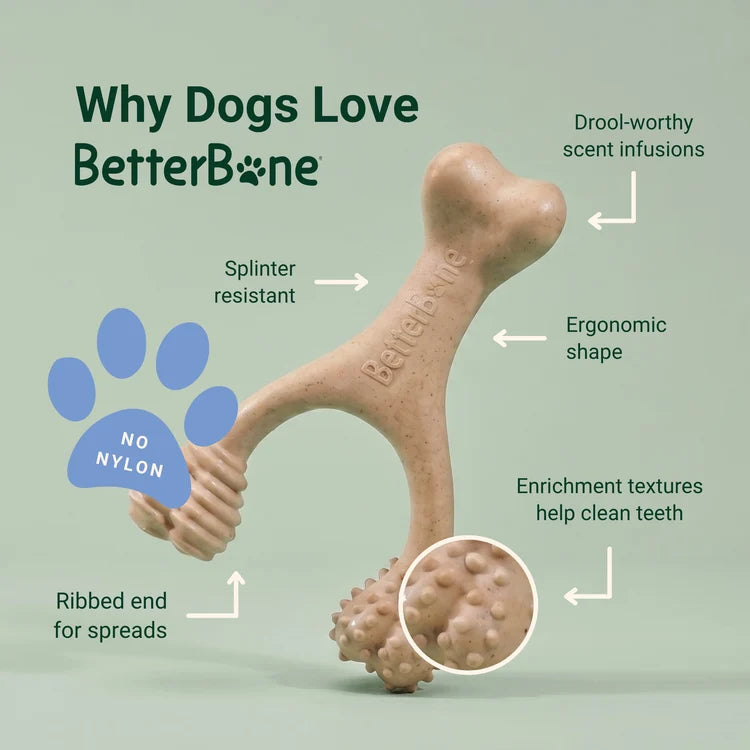 why dogs love betterbone graphic with features pointing to sections of a wishbone dog bone.