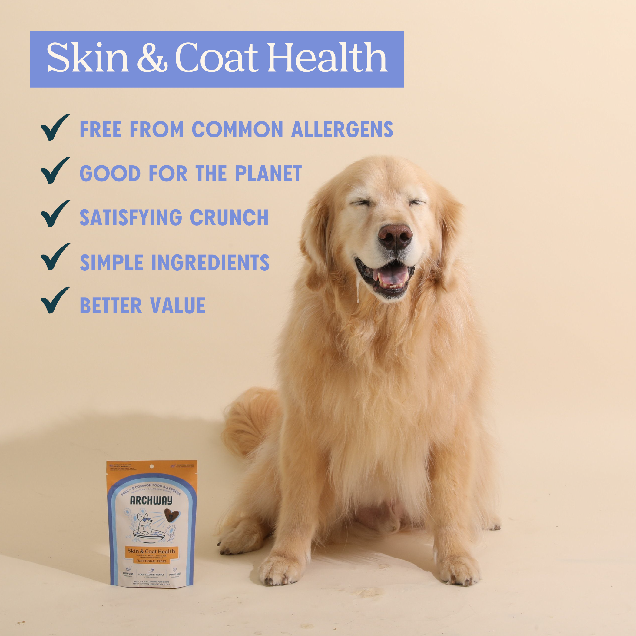 Dog sitting next to a bag of dog food with text about skin and coat health benefits on a beige background