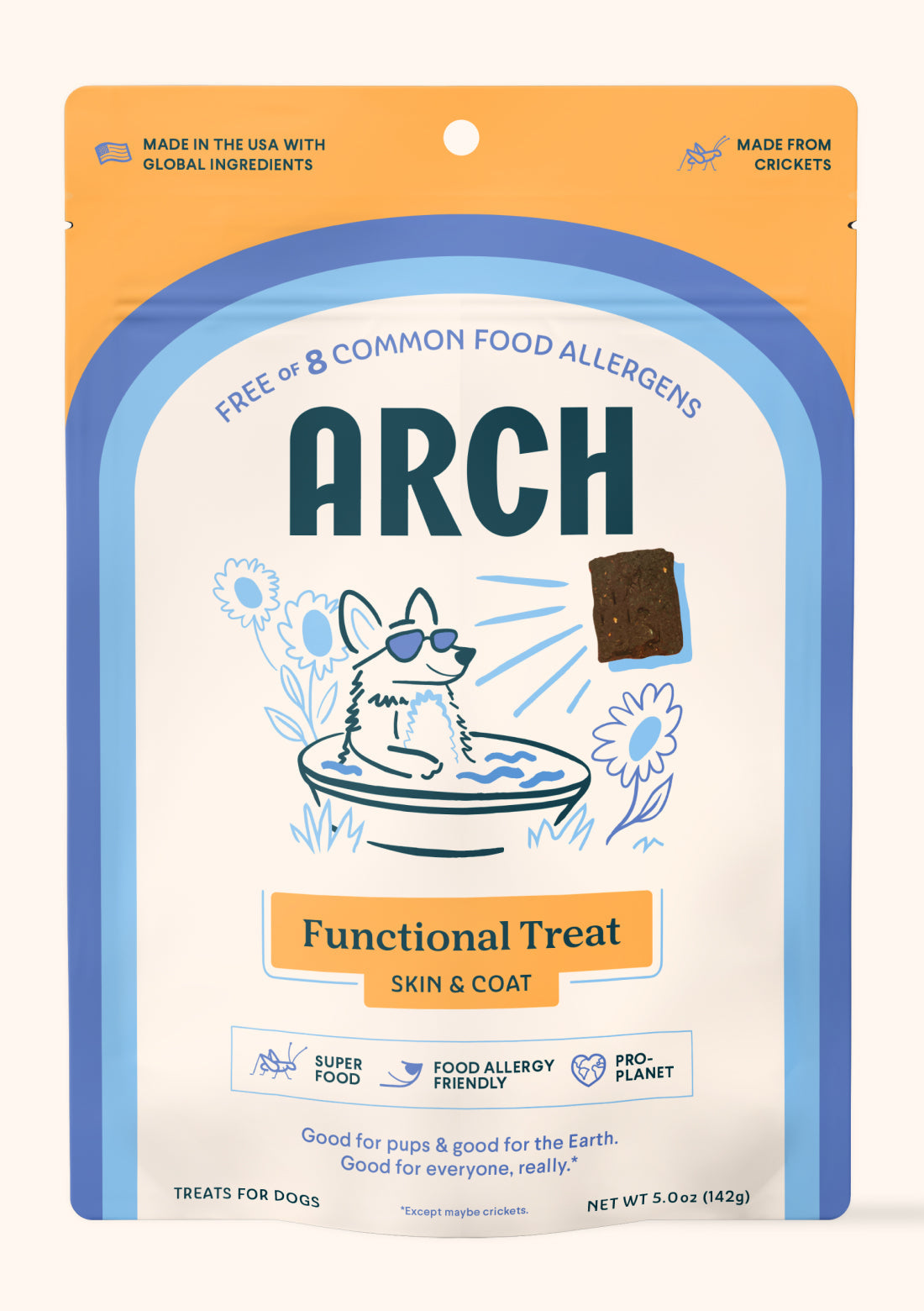 Arch's Skin and Coat Dog Treats in a standup pouch.