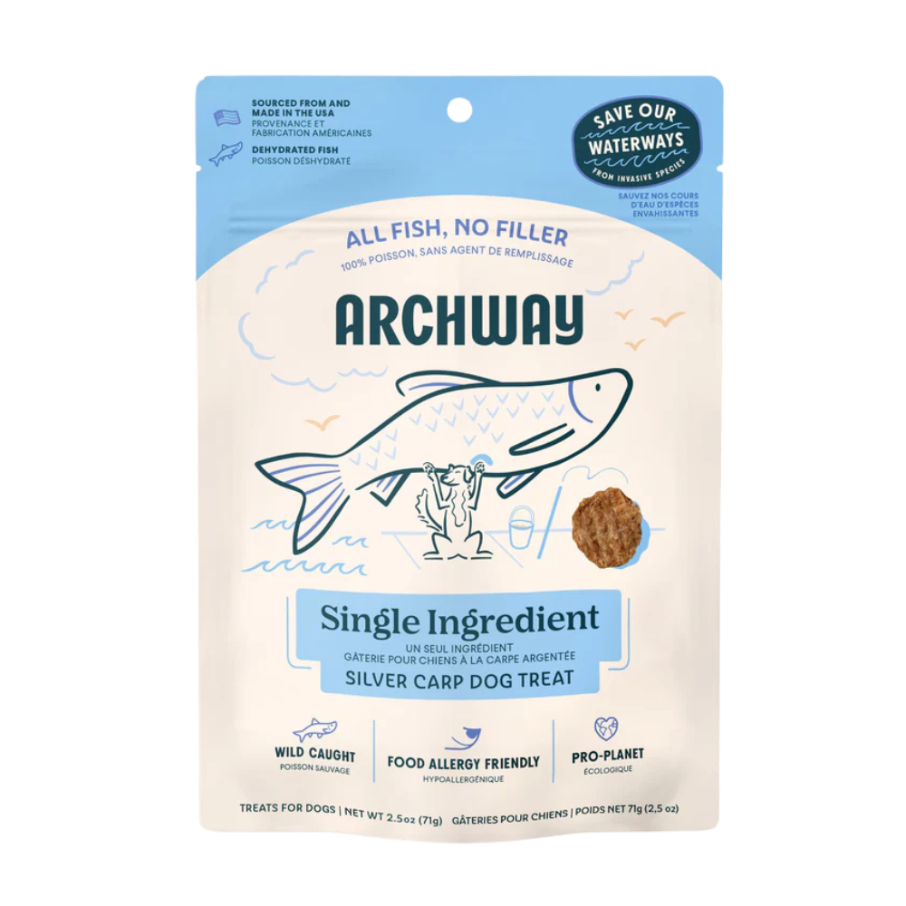 Archway single ingredient silver carp dog treat packaging on a white background