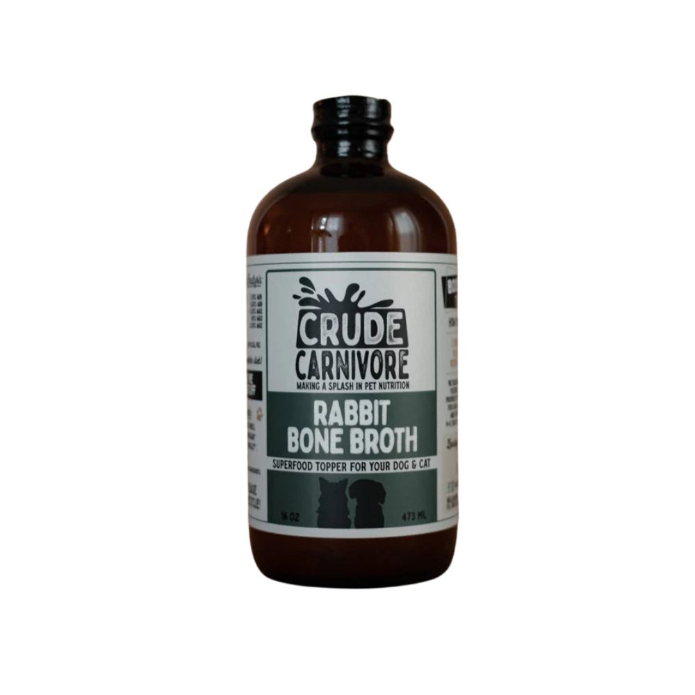 Bottle of Crude Carnivore Rabbit Bone Broth on a white background