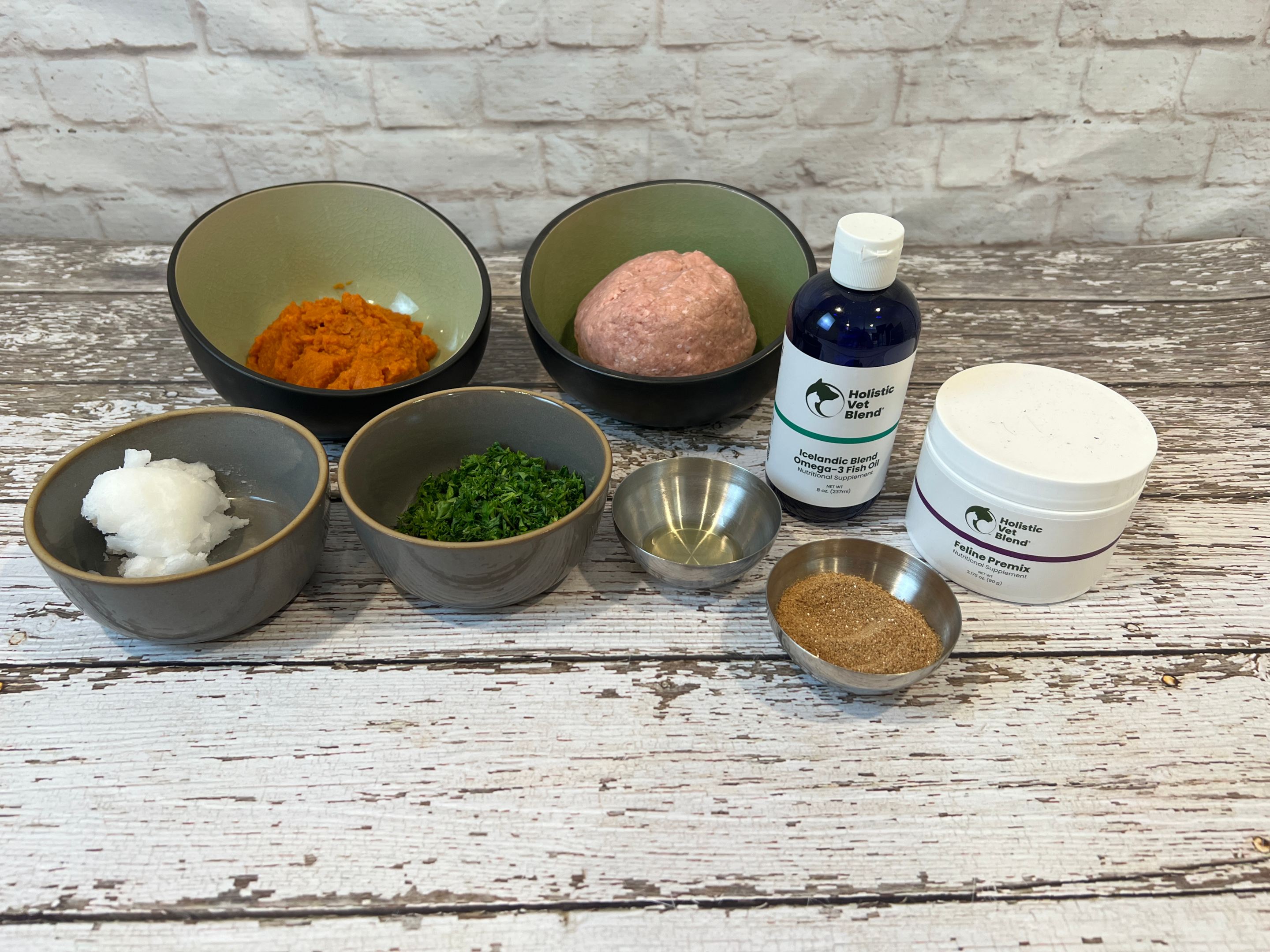 fresh ingredients with Holistic Vet Blend Fish Oil and Feline premix