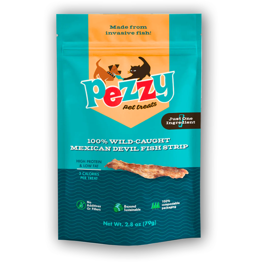 Pezzy pet single ingredient treats package with teal and orange design on a white background