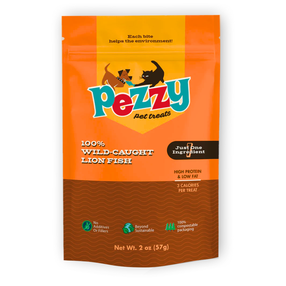 Pezzy pet lion treats packaging for wild-caught lion fish on an orange background