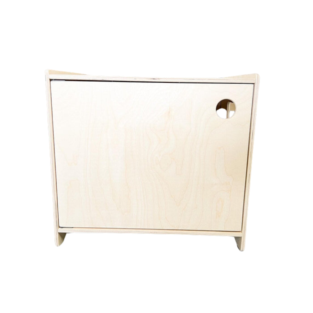 Light wooden cat litter box enclosure with a round hole on a white background