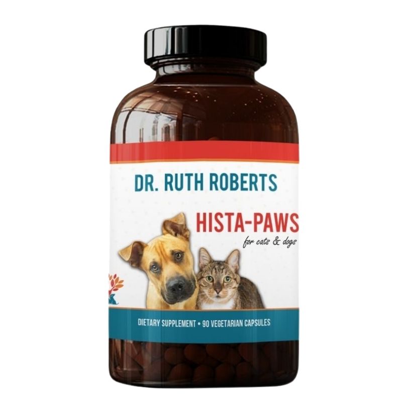 Bottle of Dr. Ruth Roberts Hista-Paws dietary supplement for cats and dogs on a white background