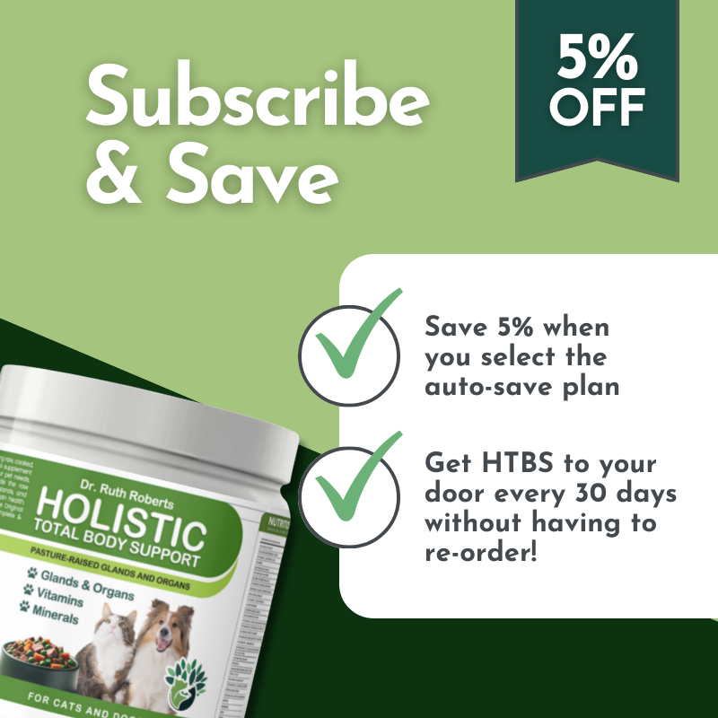 Promotional graphic for Dr. Ruth Roberts Holistic Total Body Support product with subscription offer on a green background.