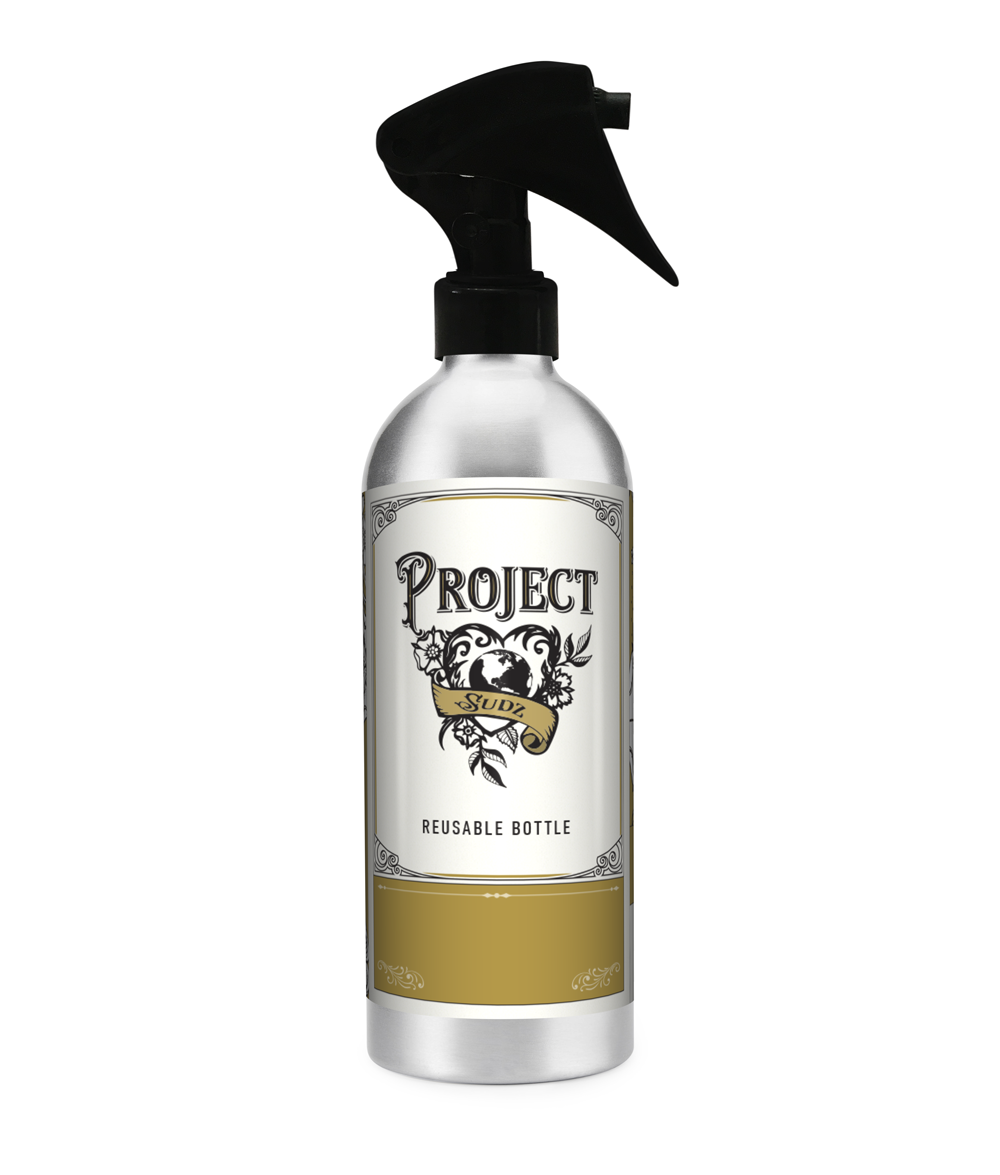 Reusable aluminum spray bottle with 'Project Sudz' branding on a white background