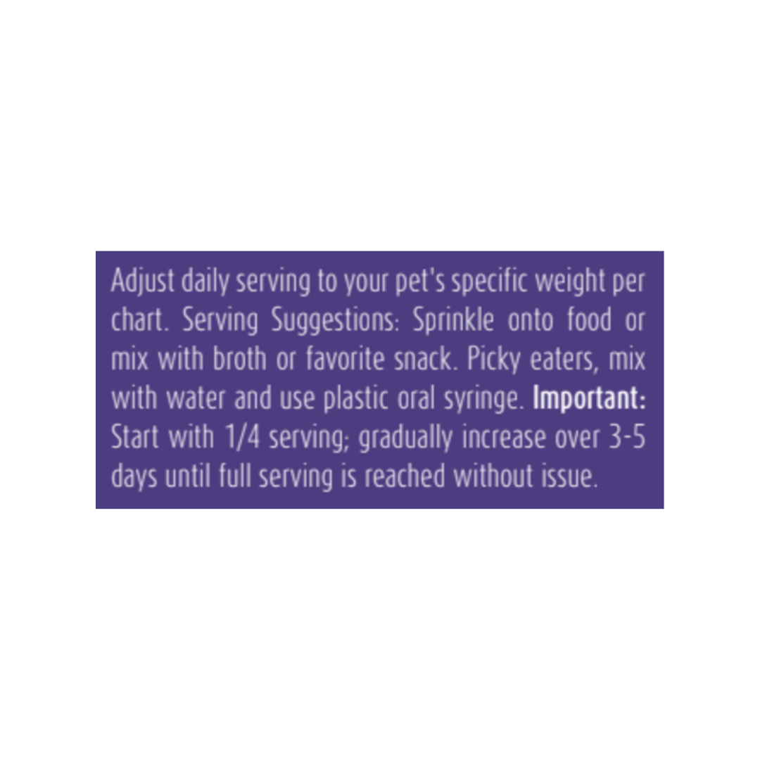 Text instructions for adjusting daily servings to a pet's specific weight on a white background