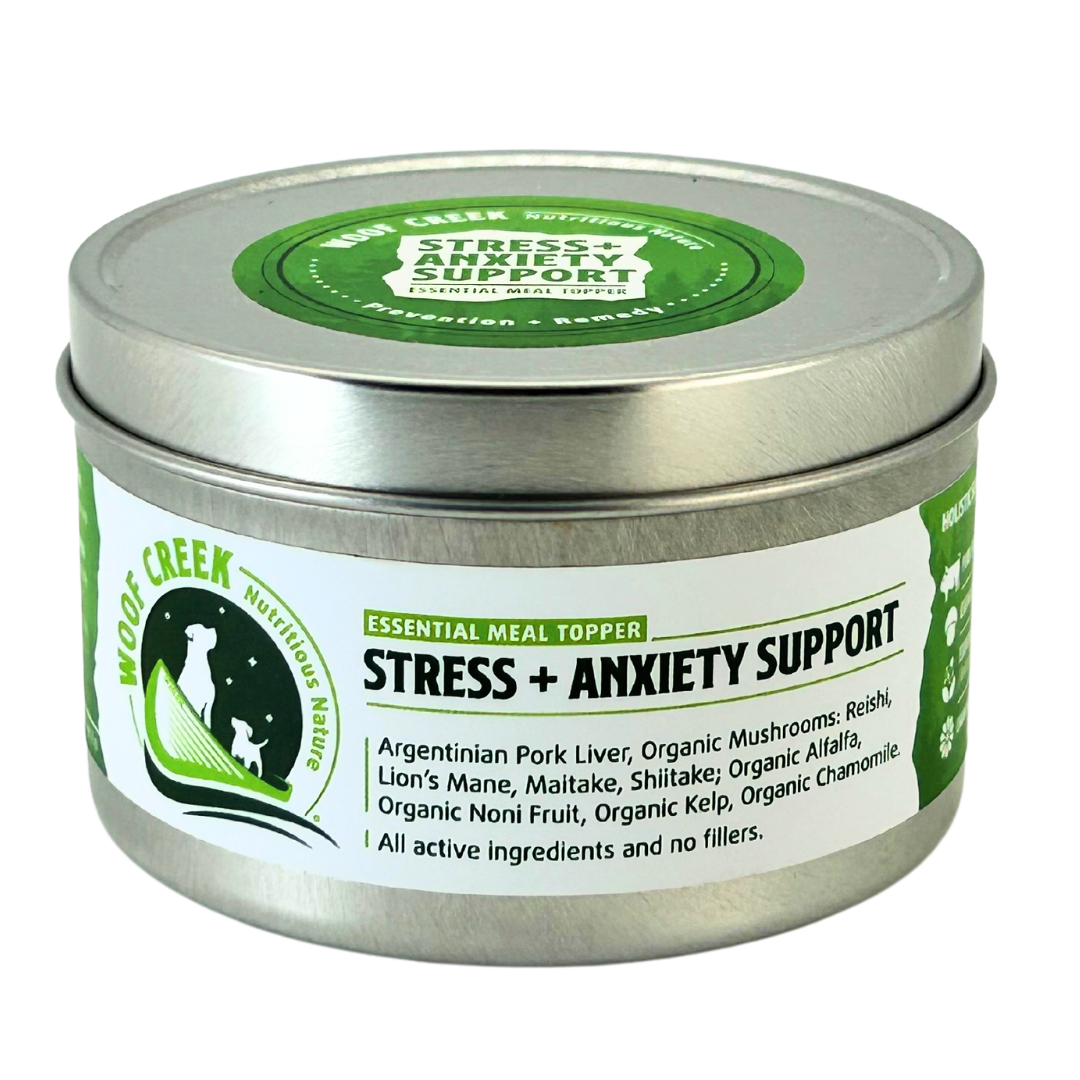 Metal canister with label for stress and anxiety support on a white background