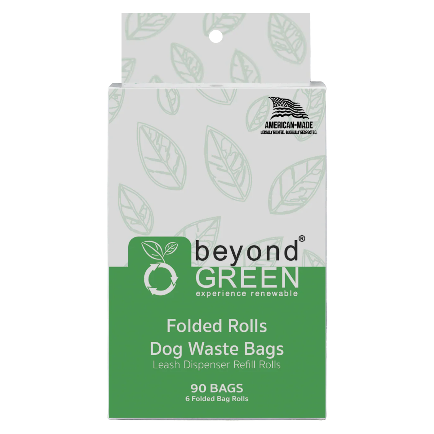 Package of 50 count beyond GREEN folded rolls dog waste bags made in the USA on a white background