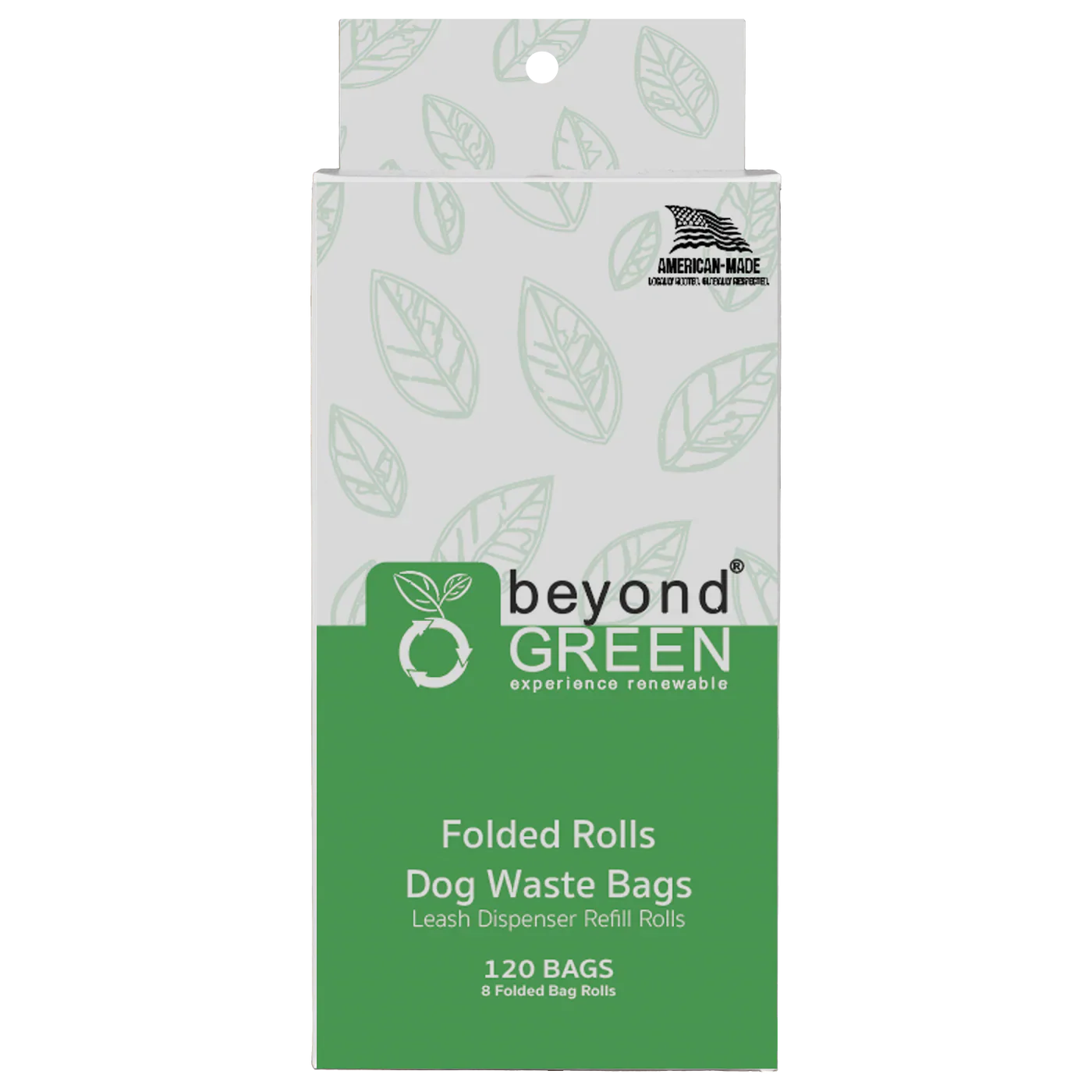 Package of 120 count beyond GREEN dog waste bags with leaf pattern on a white background