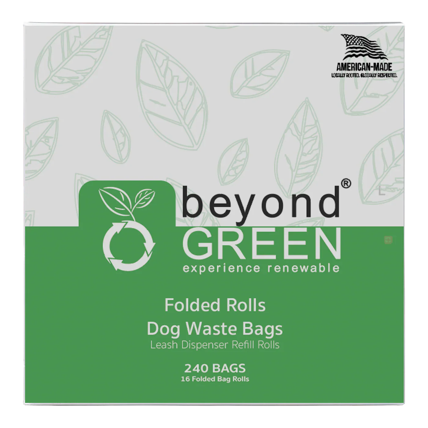 Box of 240 count beyond GREEN dog waste bags with leaf pattern and American-made label.
