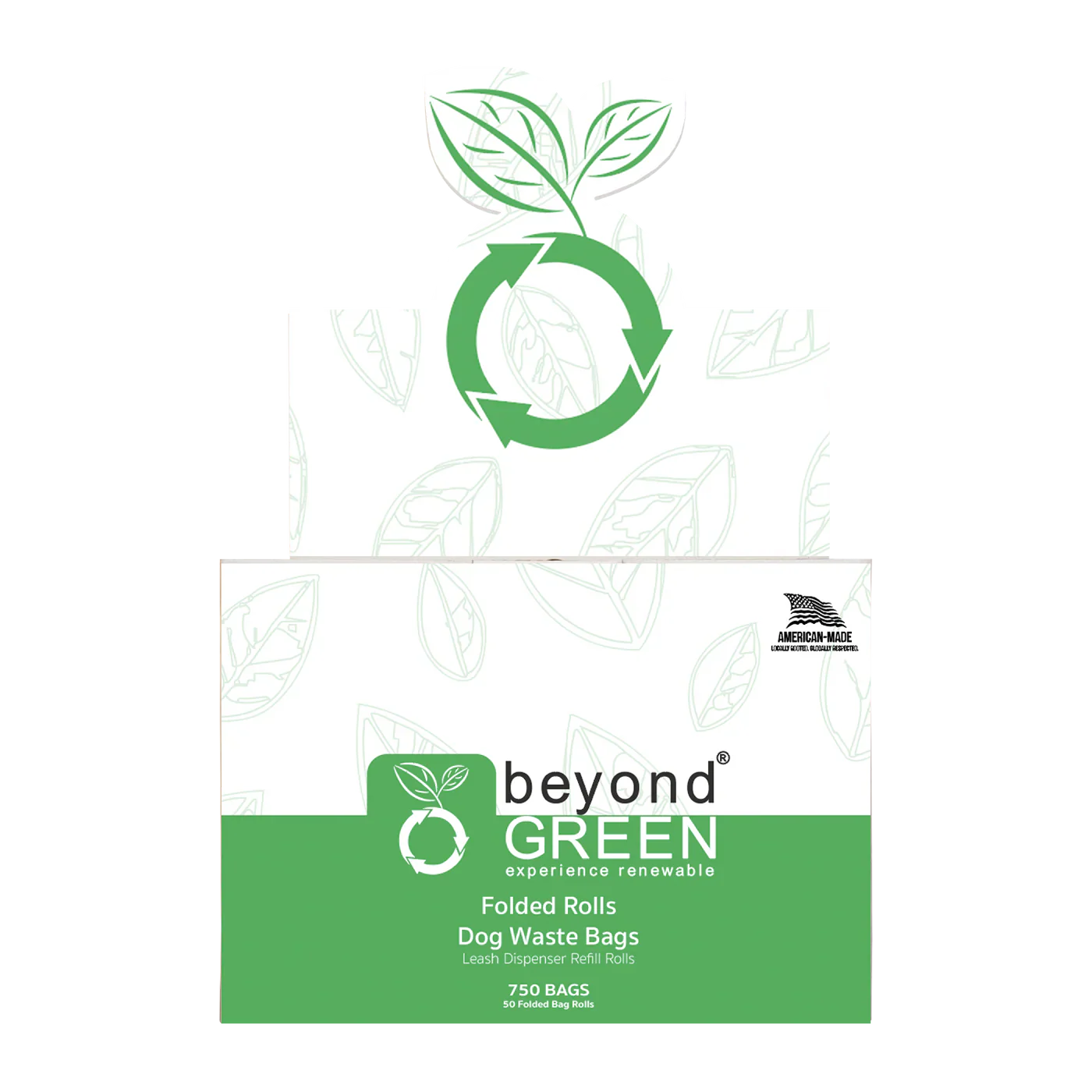 Package of 750 count 'Beyond Green' dog waste bags with a recycling symbol on a white background.