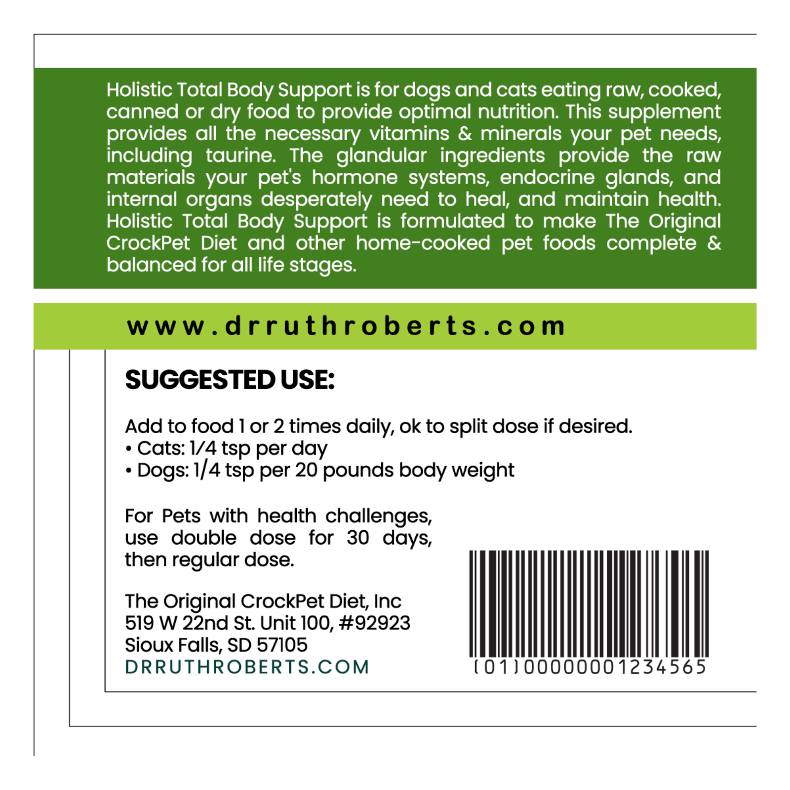 Back label of a supplement container with text and a barcode on a white background