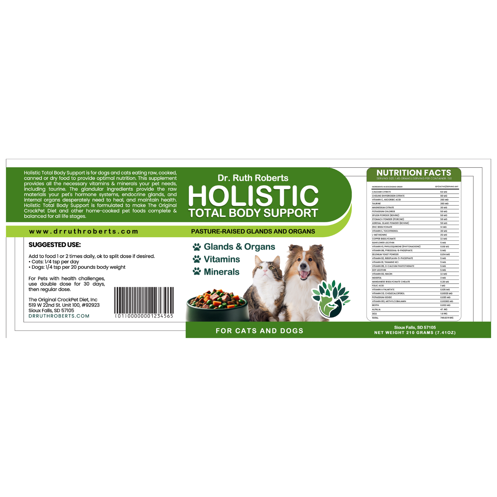 Label for Dr. Ruth Roberts Holistic Total Body Support for cats and dogs on a white background