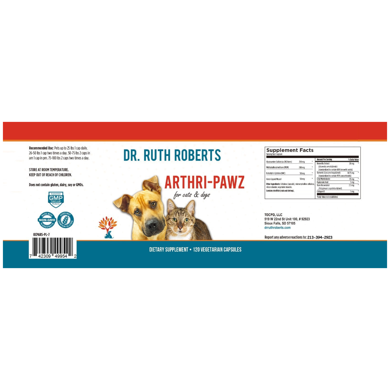 Supplement package for pets with a dog and cat illustration, featuring Dr. Ruth Roberts' brand.