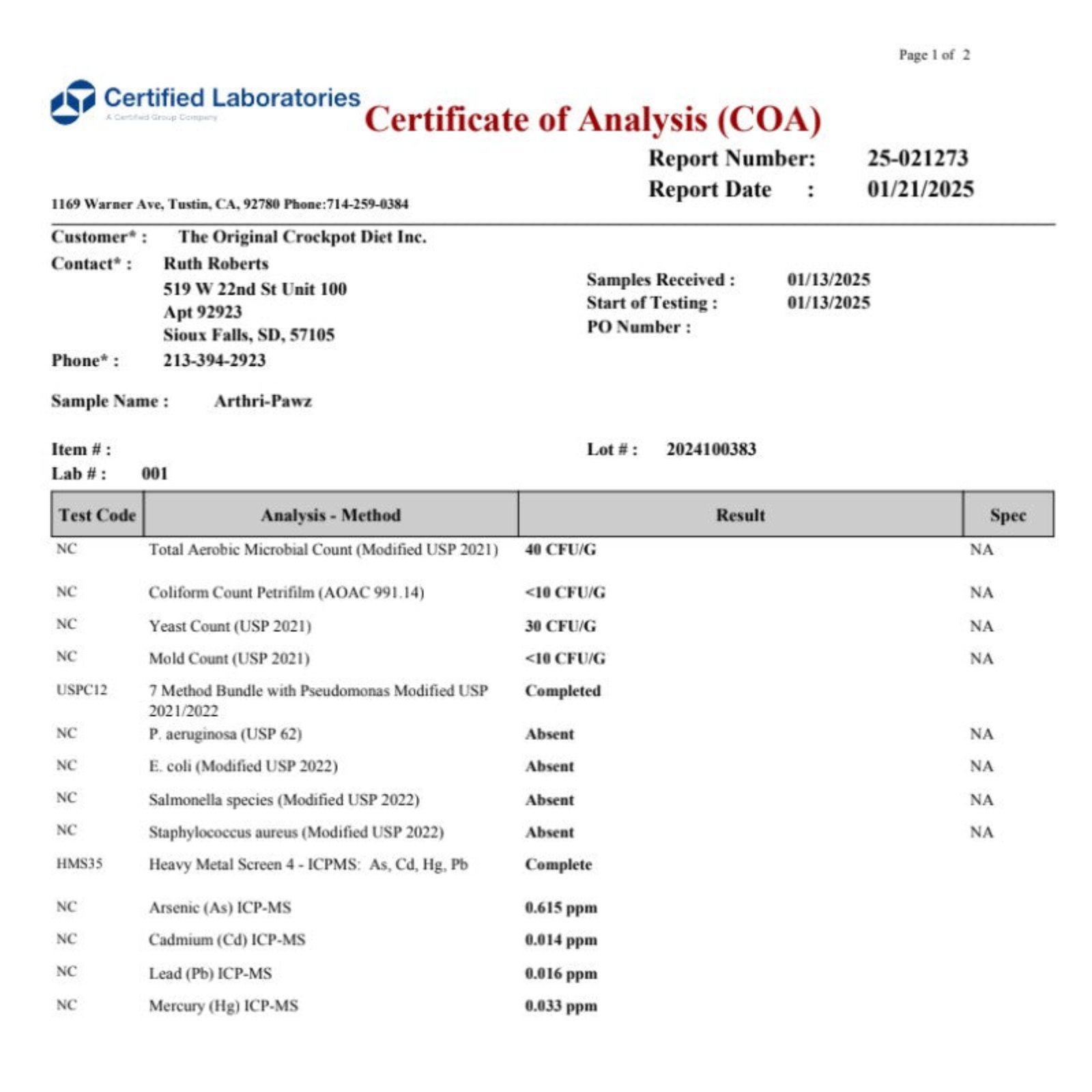 Certified Laboratories Certificate of Analysis (COA) for a pet food product.