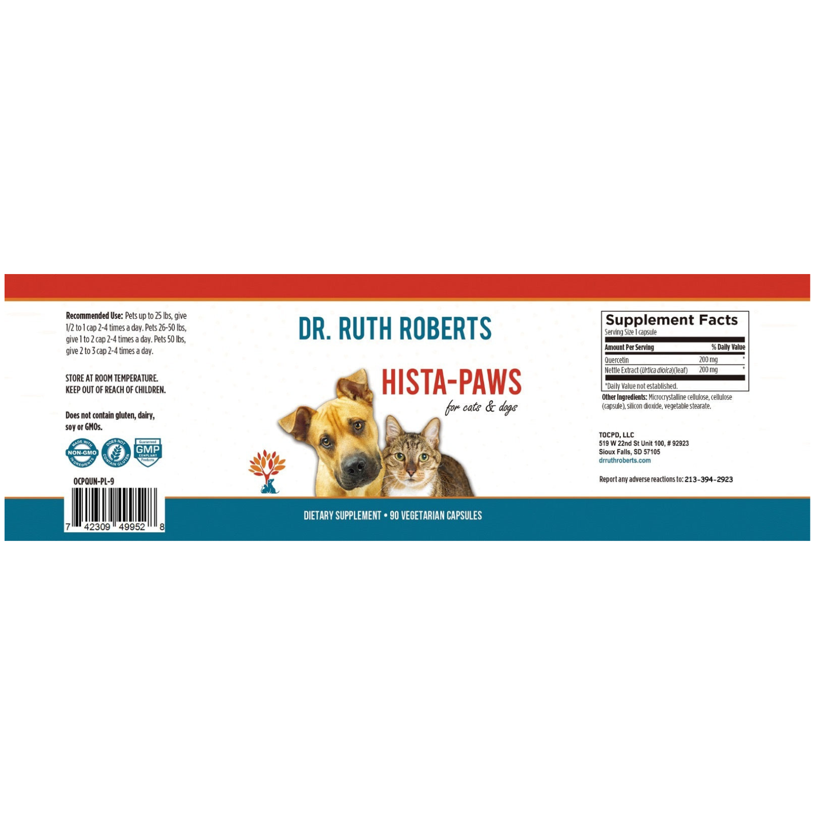 Supplement label for 'Hista-Paws' by Dr. Ruth Roberts with a dog and cat illustration on a white background.