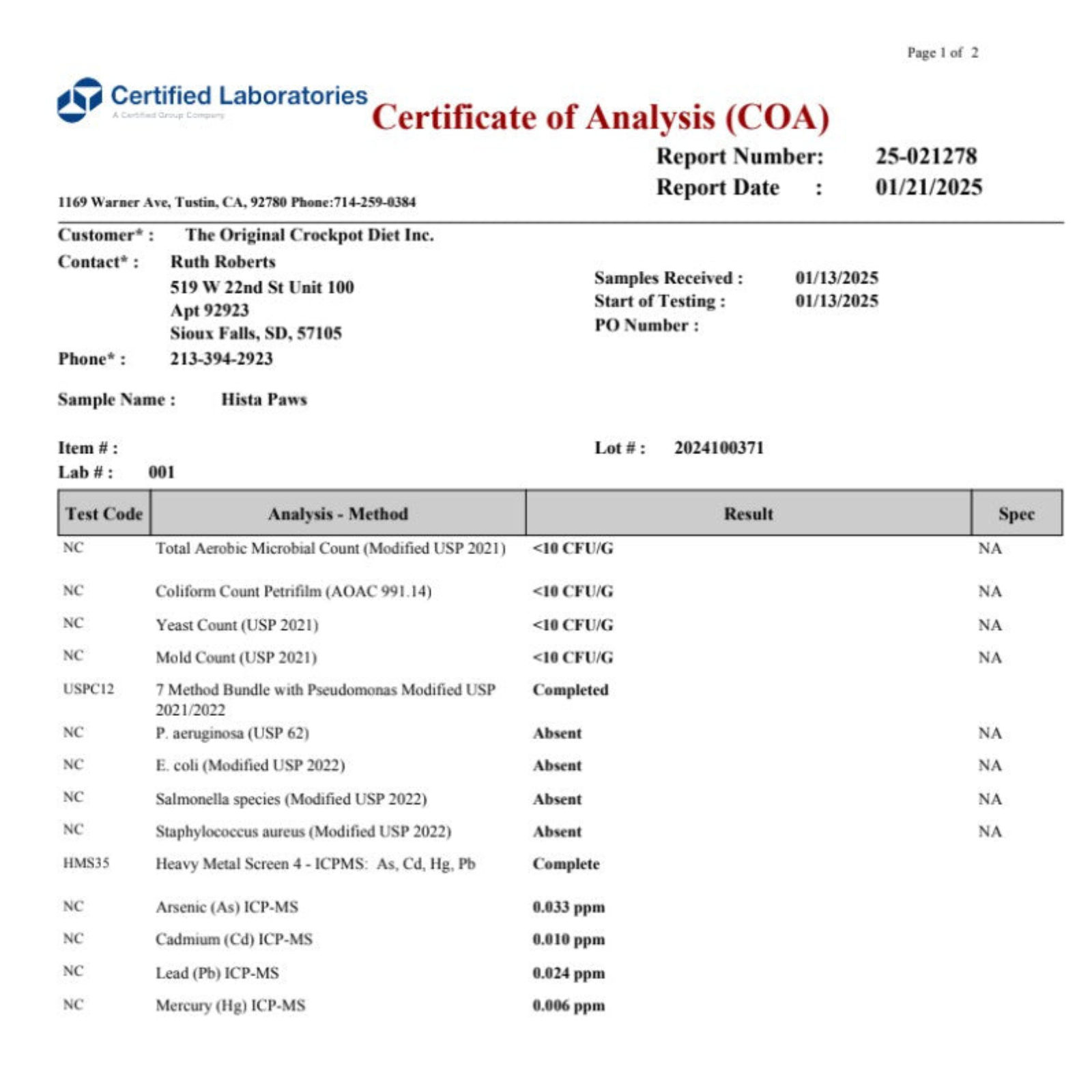 Certified Laboratories Certificate of Analysis (COA) for Hista Paws sample