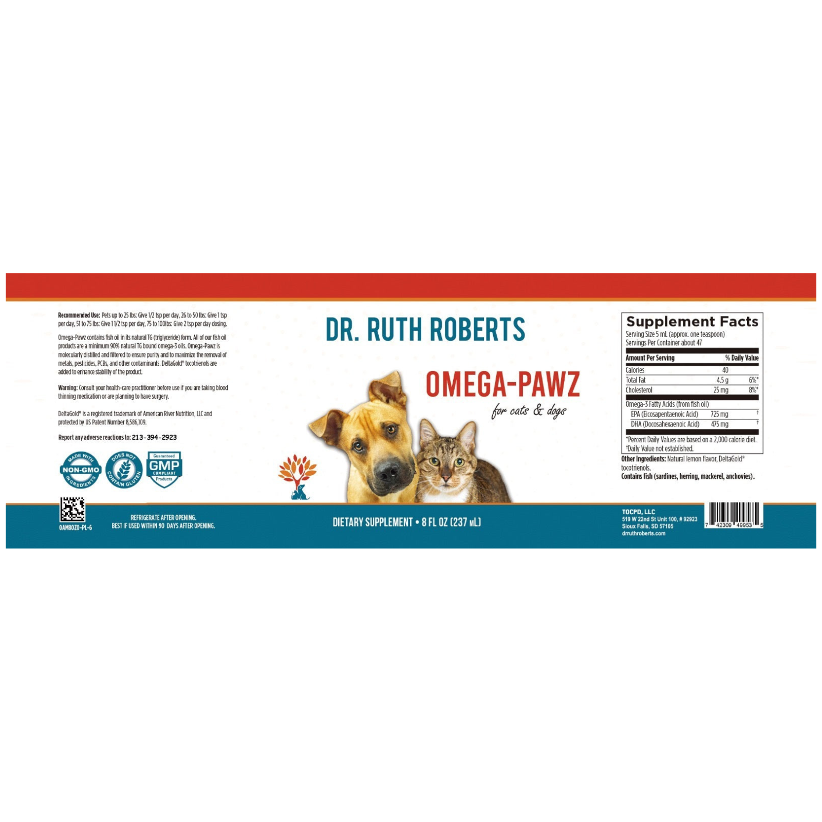 Supplement label for Dr. Ruth Roberts Omega-Pawz with a dog and cat illustration on a white background.