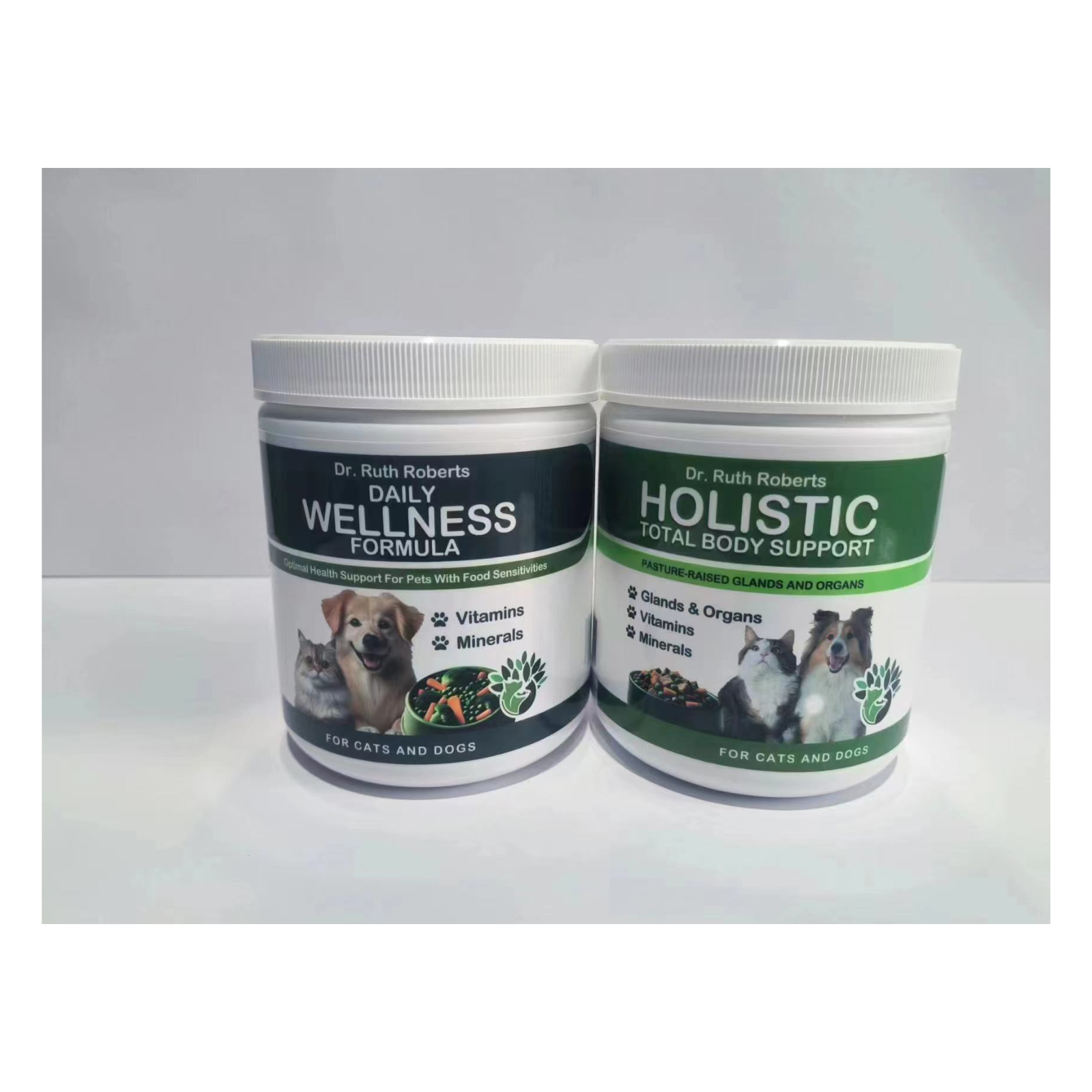 Two containers of Dr. Ruth Roberts pet supplement products on a white background