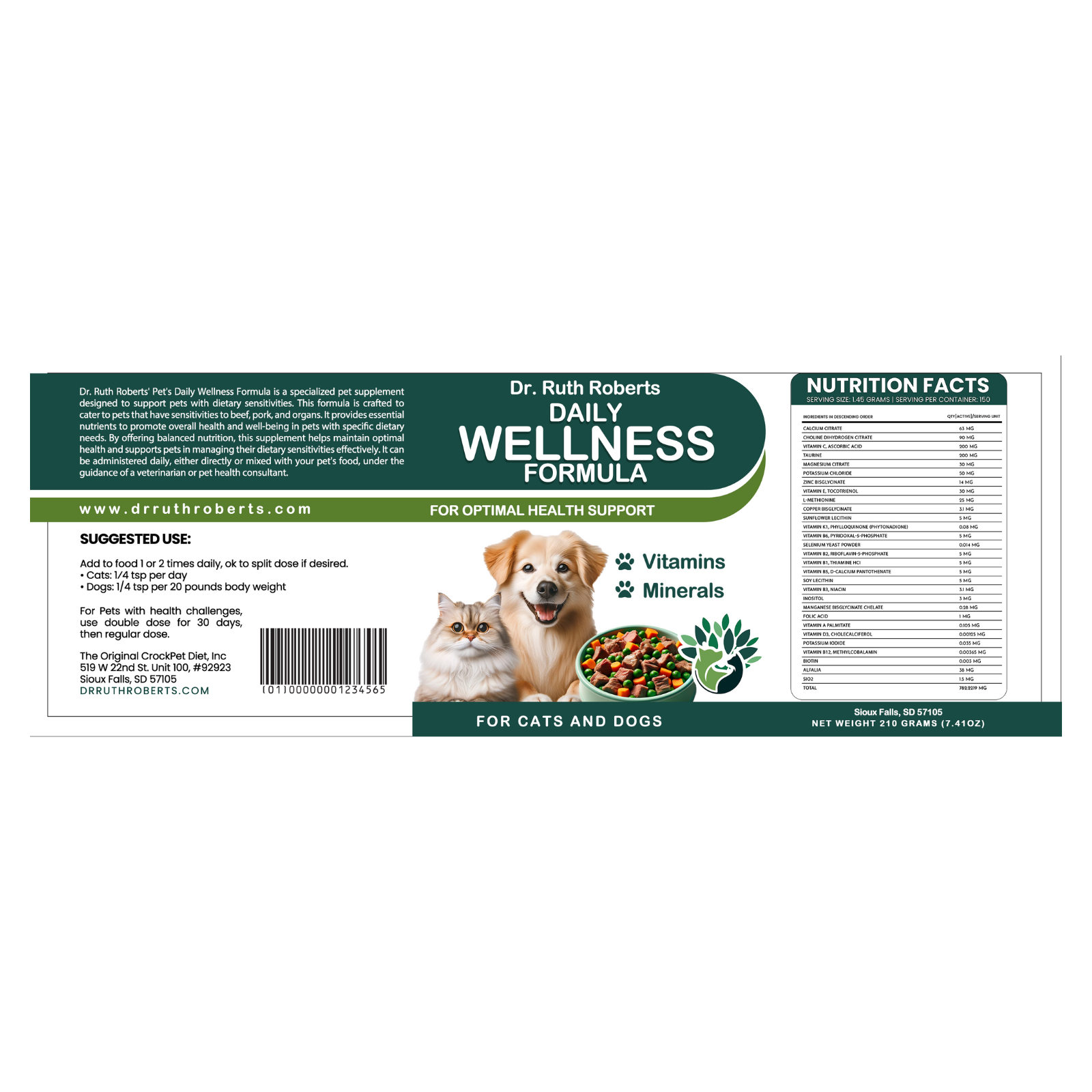 Label for Dr. Ruth Roberts Daily Wellness Formula for cats and dogs on a white background