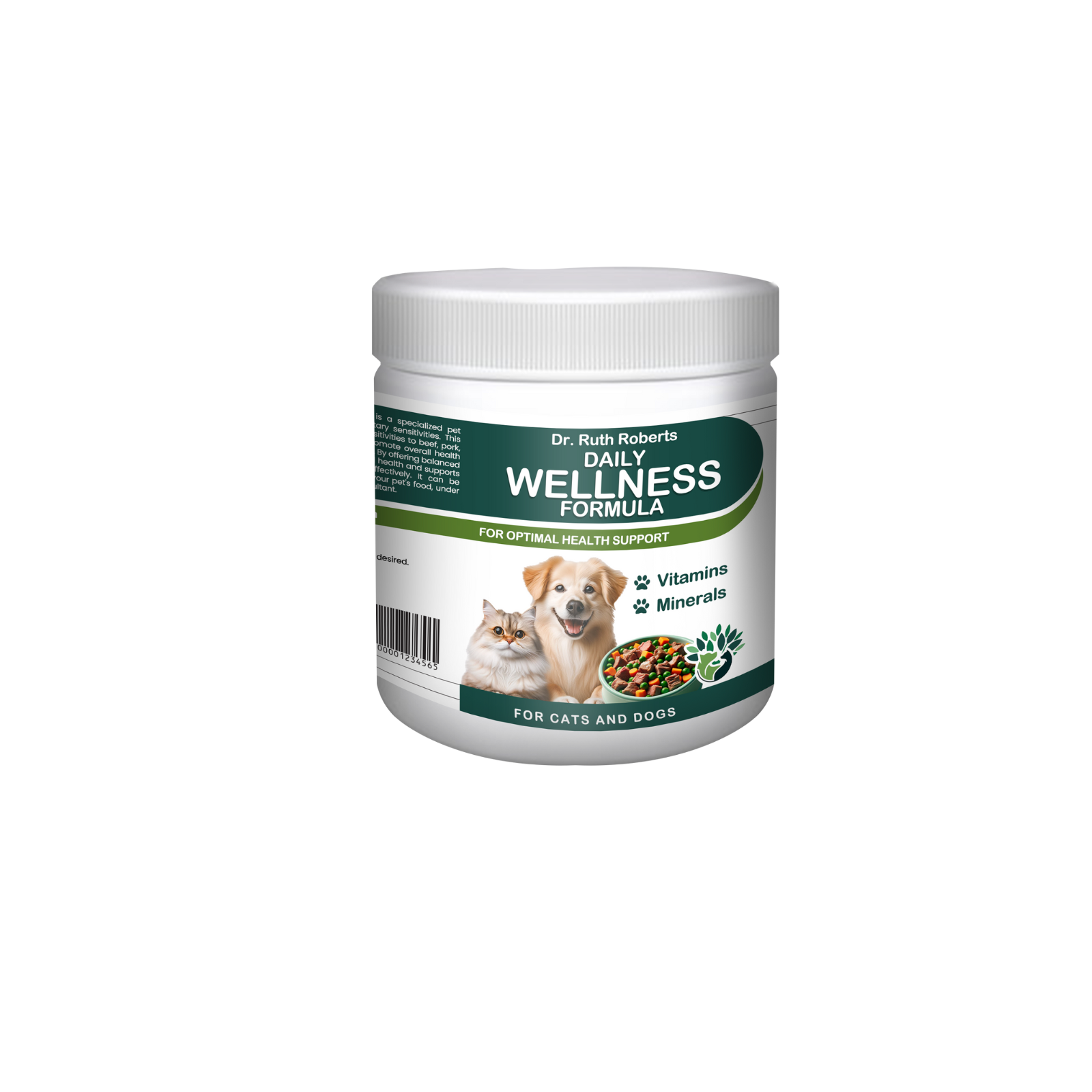 Supplement jar labeled 'Daily Wellness Formula' for cats and dogs on a white background