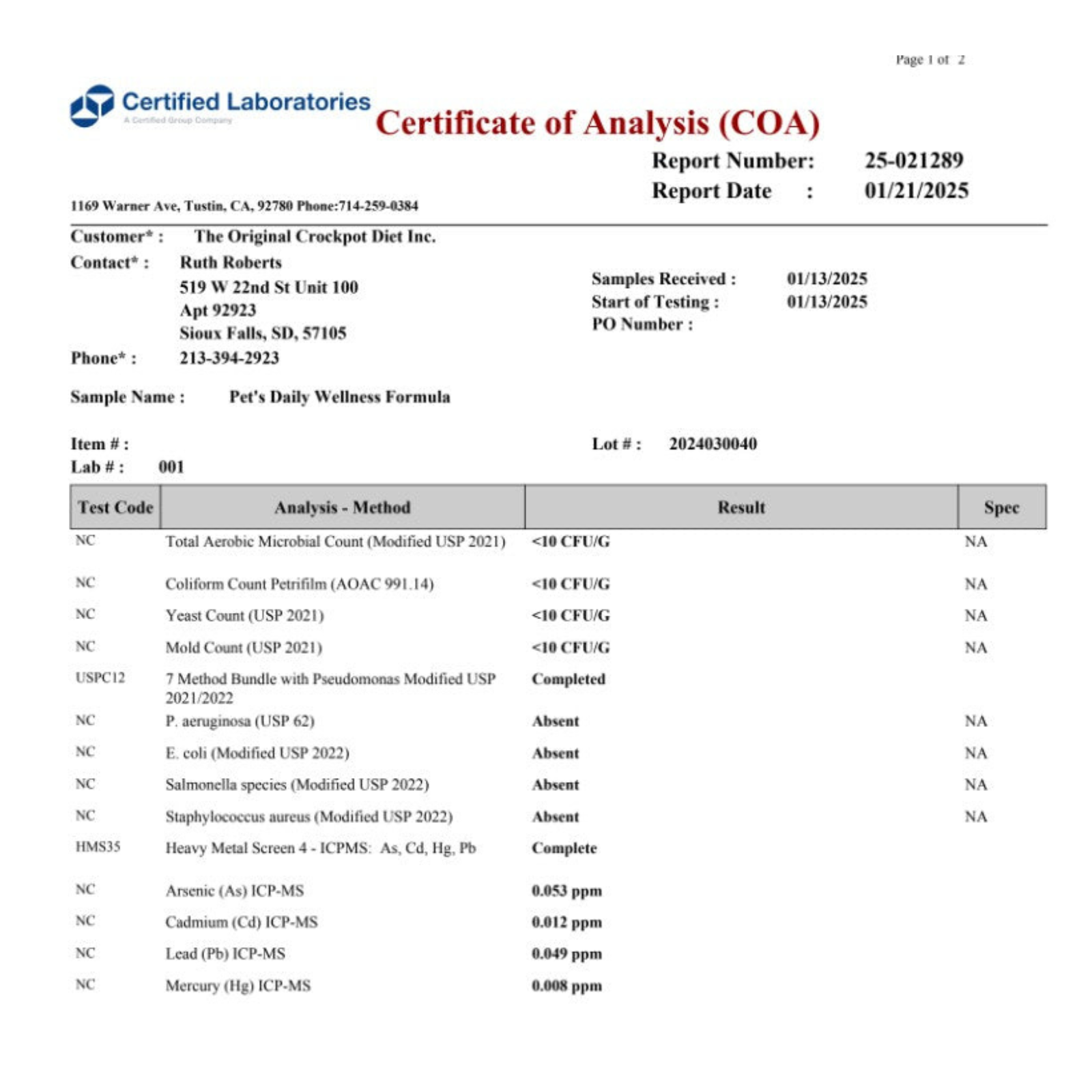 Certified Laboratories Certificate of Analysis (COA) for pet food sample.