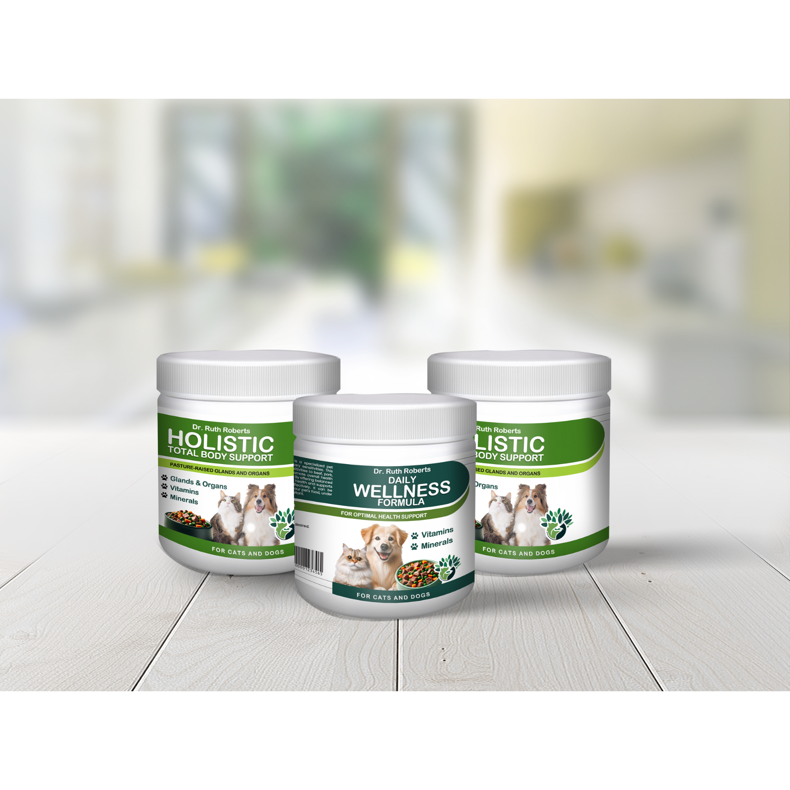 Three containers of Holistic Pet Care products on a wooden surface with a blurred background.