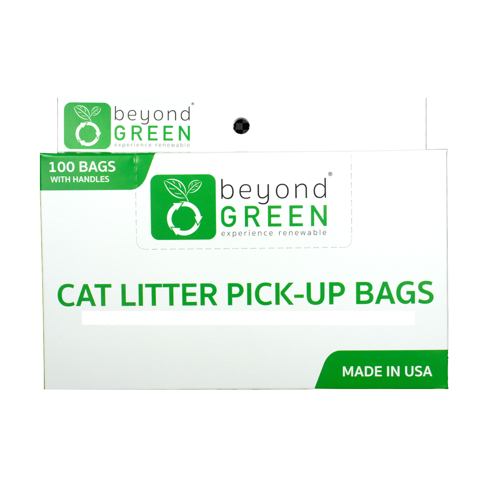 Box of 'Beyond Green' cat litter pick-up bags on a white background