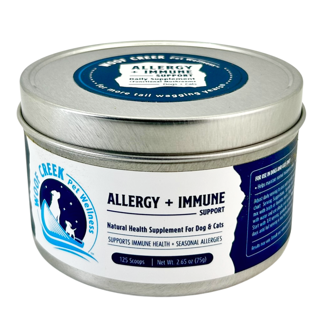 Tin labeled 'Allergy + Immune Support' for pets on a white background