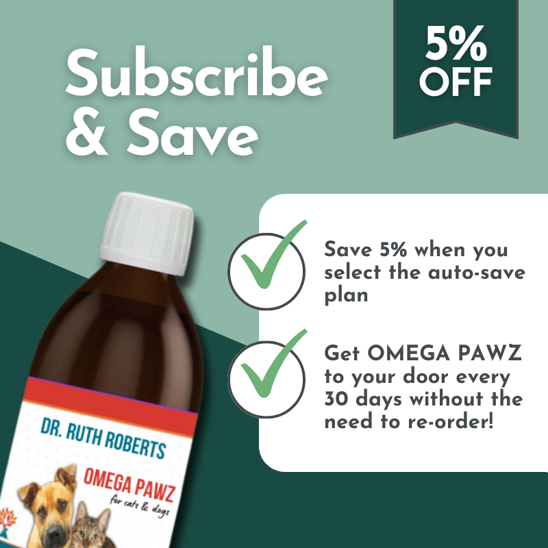 Advertisement for Dr. Ruth Roberts Omega Pawz with a bottle of the product and promotional text on a green background.