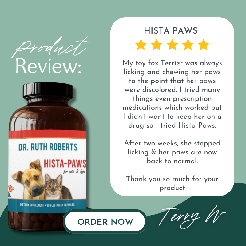 Product review for Dr. Ruth Roberts Hista-Paws dietary supplement with a five-star rating and customer testimonial on a green background.