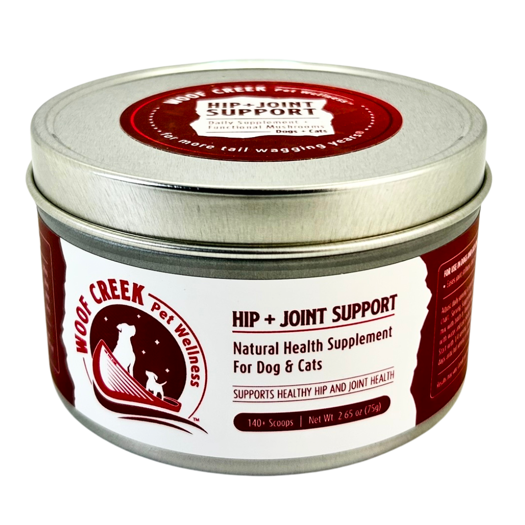 Tin of Woof Creek Pet Wellness Hip + Joint Support supplement for dogs and cats on a white background