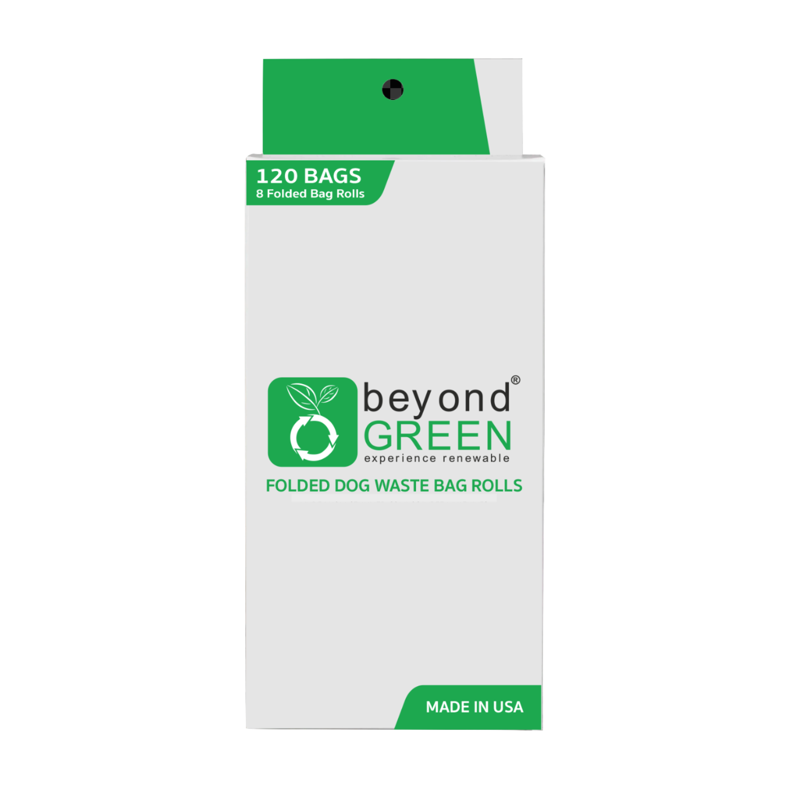 Package of beyond GREEN folded dog waste bag rolls on a white background