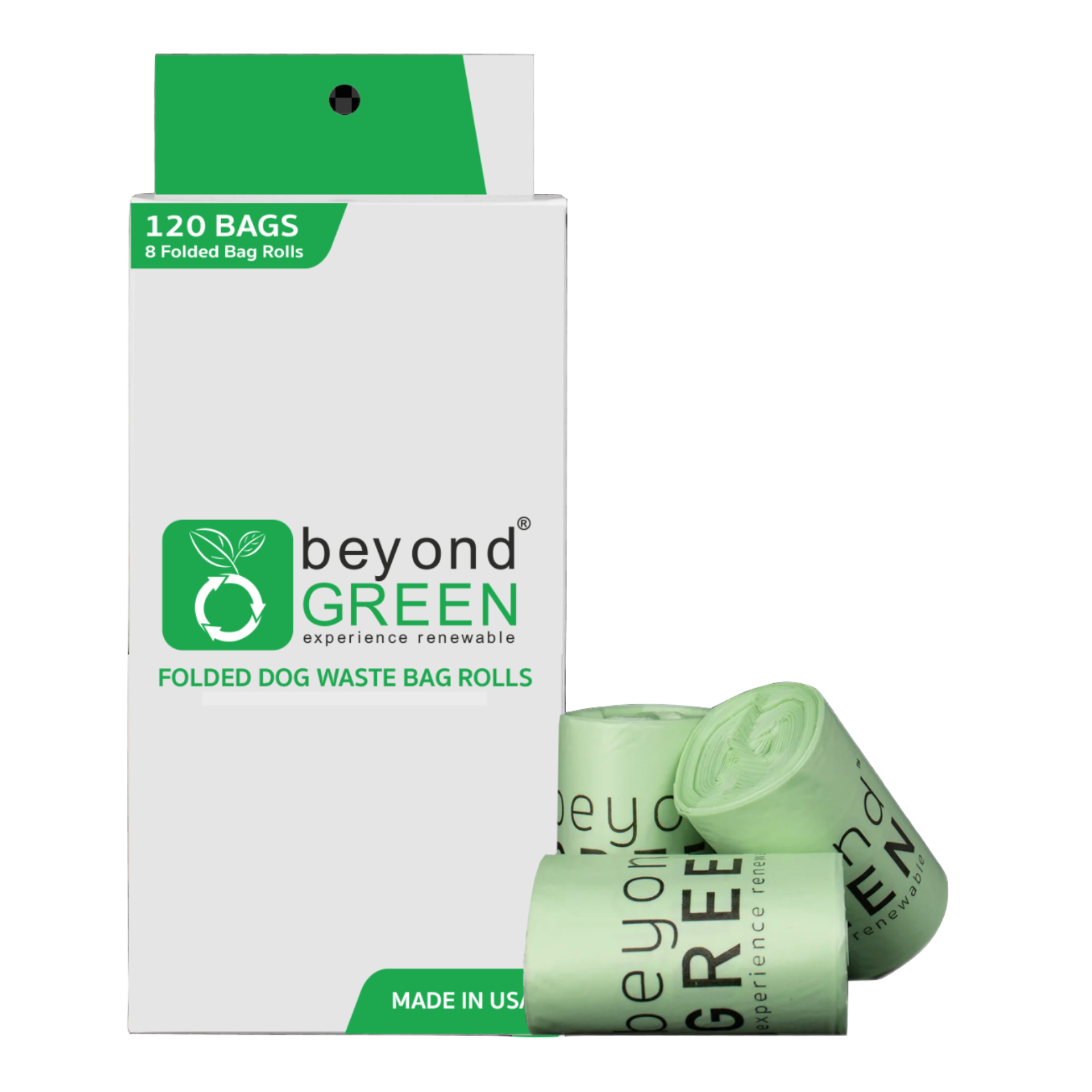 Box of 'Beyond Green' folded dog waste bag rolls on a white background
