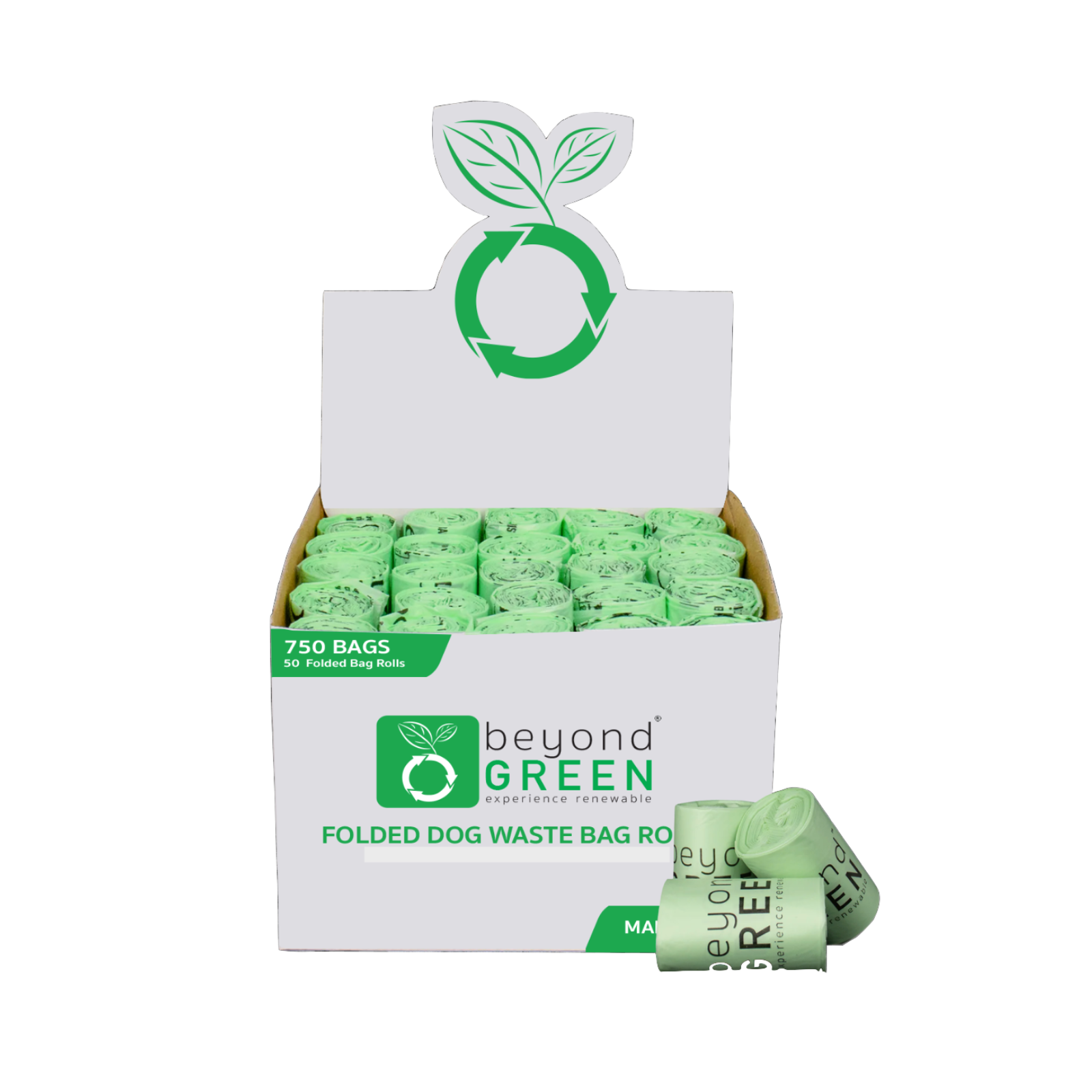 Box of 'Beyond Green' folded dog waste bags with green bags and white packaging.