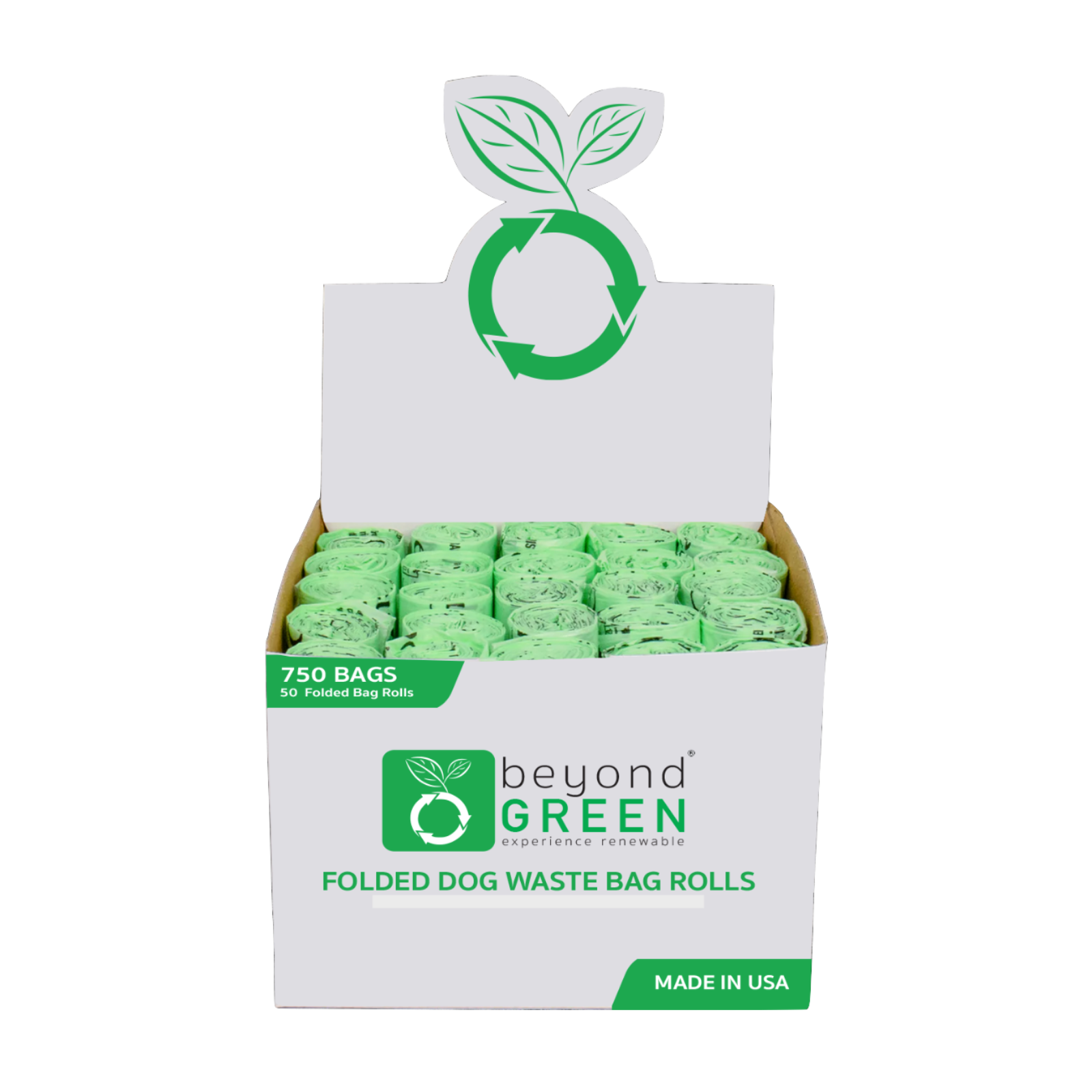 Box of Beyond Green folded dog waste bag rolls on a white background