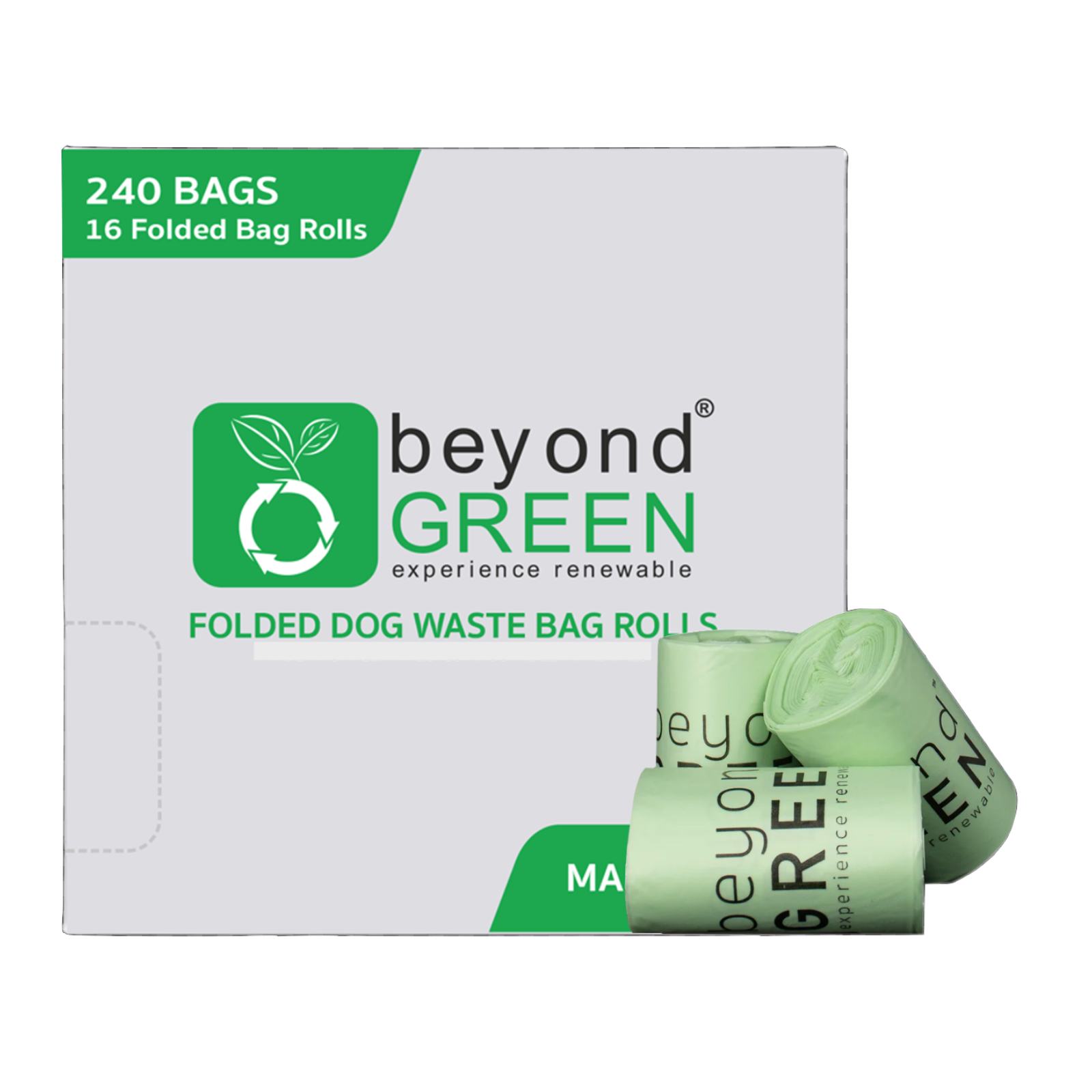 Box of beyond GREEN folded dog waste bags with two rolls on a white background