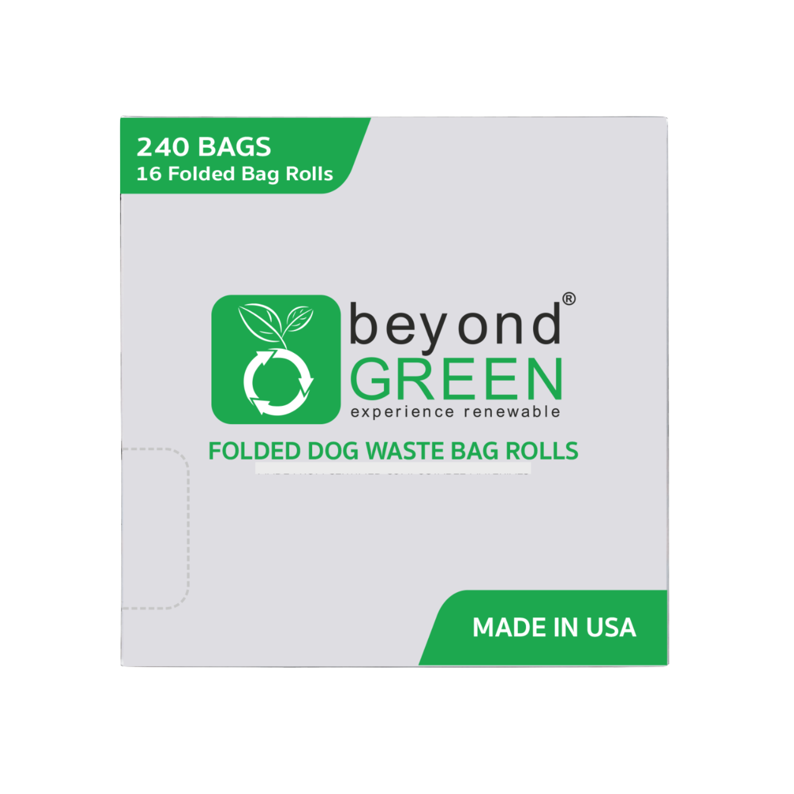 Box of beyond GREEN folded dog waste bags with green and white design.