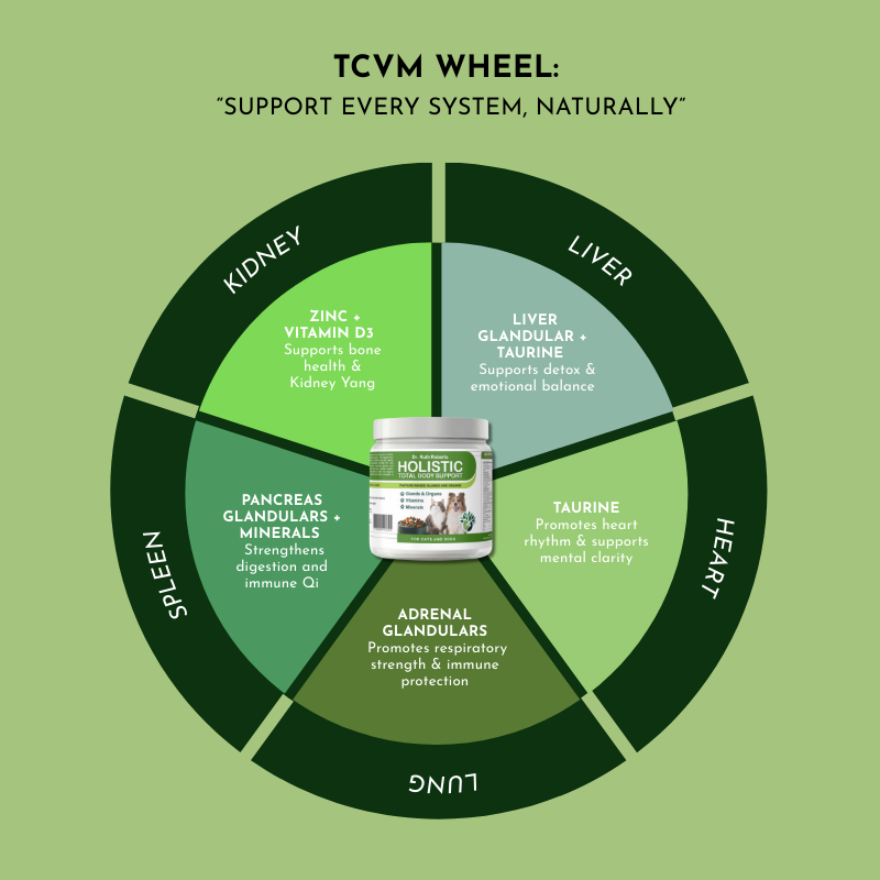 Holistic Pet Care product with TCM Wheel diagram on a green background