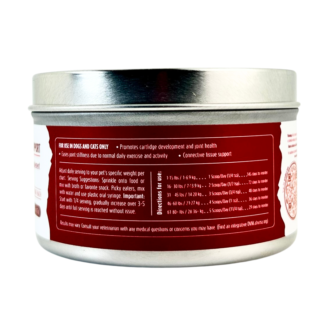 Pet supplement container with red label and silver lid on a white background