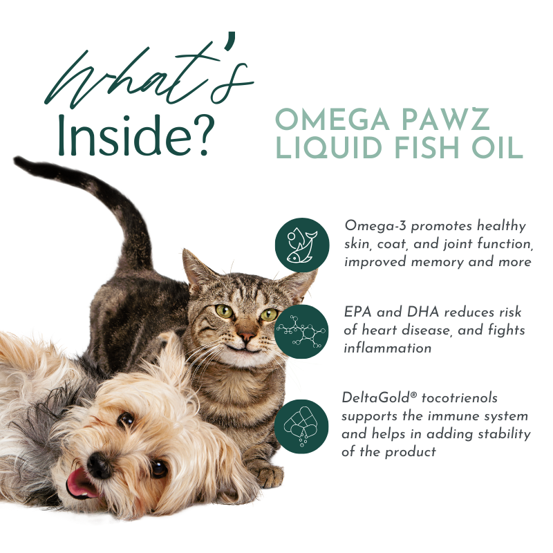 Advertisement for Omega Pawz Liquid Fish Oil with a cat and dog on a white background