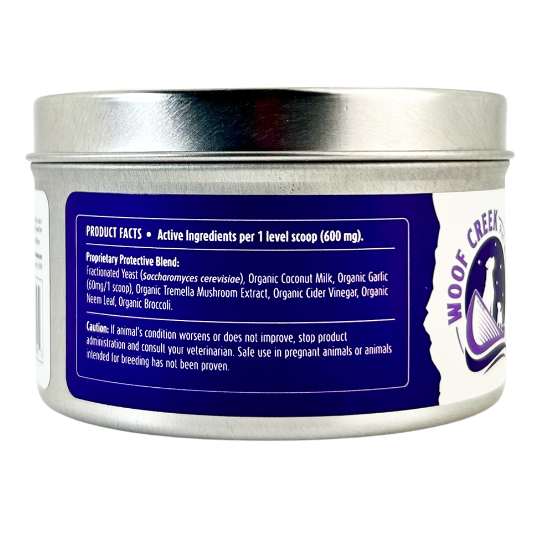 Tin container with a label on a white background