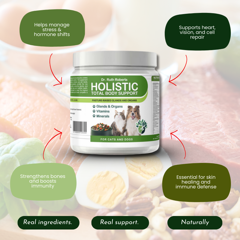 Dr. Ruth Roberts Holistic Total Body Support supplement jar with health benefits text on a blurred food background