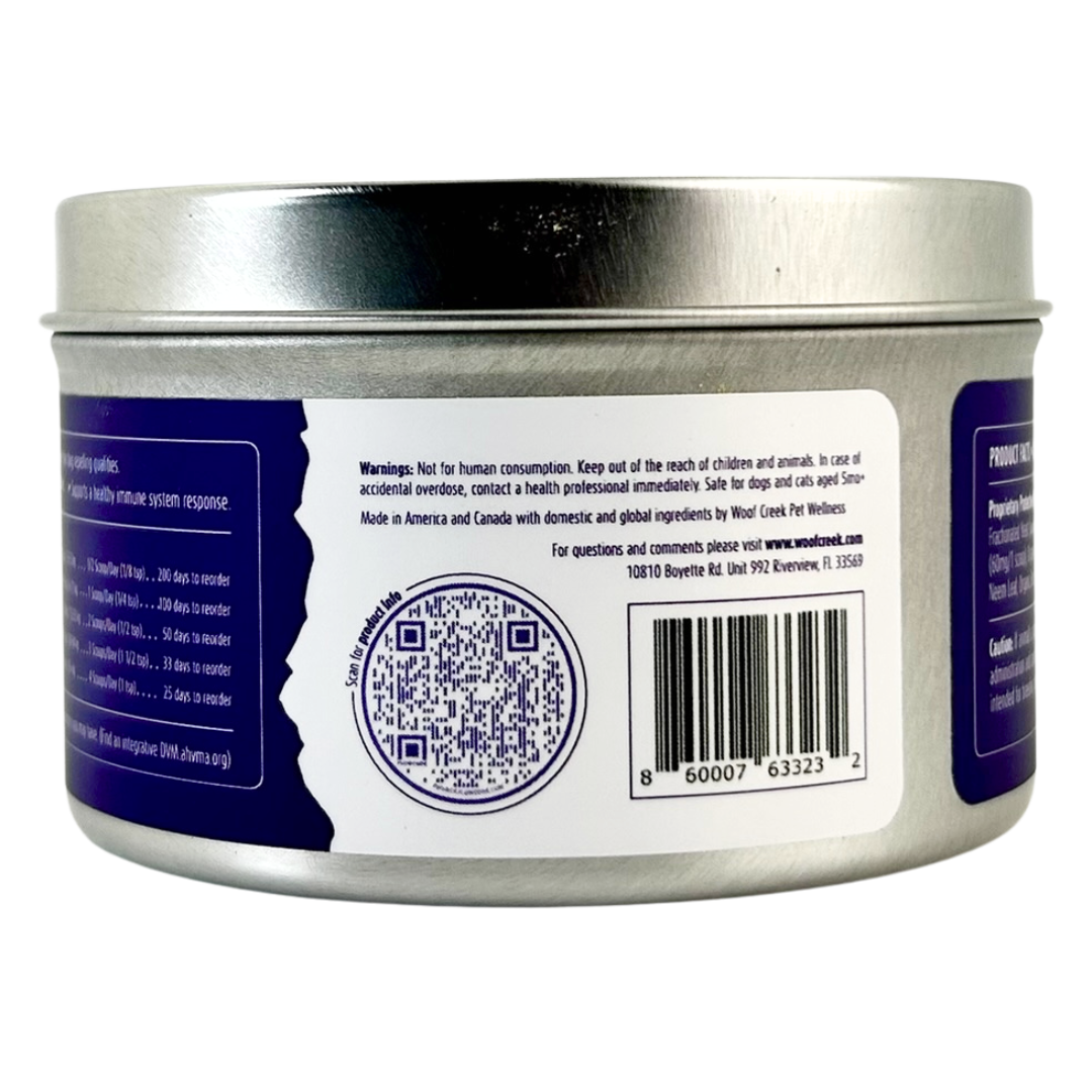 Back of a metal container with a label featuring a QR code and text.