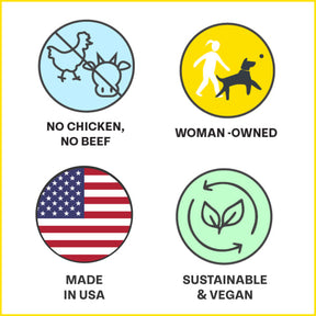 No chicken or beef, woman owned, made in the USA and sustainable and vegan.