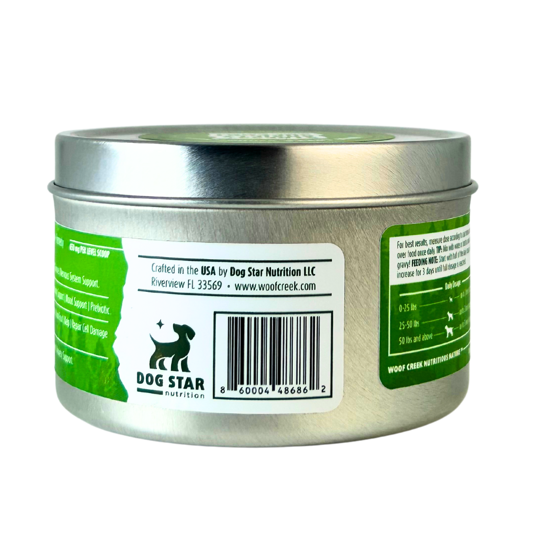 Metal canister with green label and 'Dog Star Nutrition' branding on a white background
