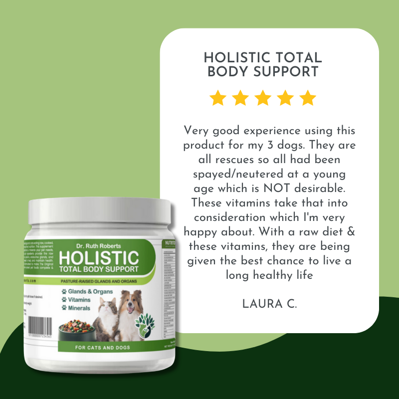 Dr. Ruth Roberts Holistic Total Body Support supplement jar with a customer review on a green background